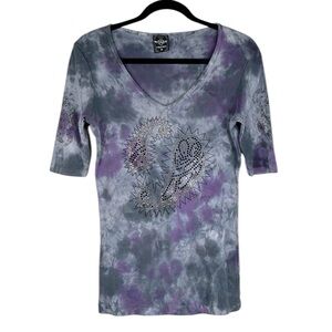 Sledge USA Tie Dye 90's Y2K Beaded Paisley Goth Ribbed V-Neck Top Size Medium